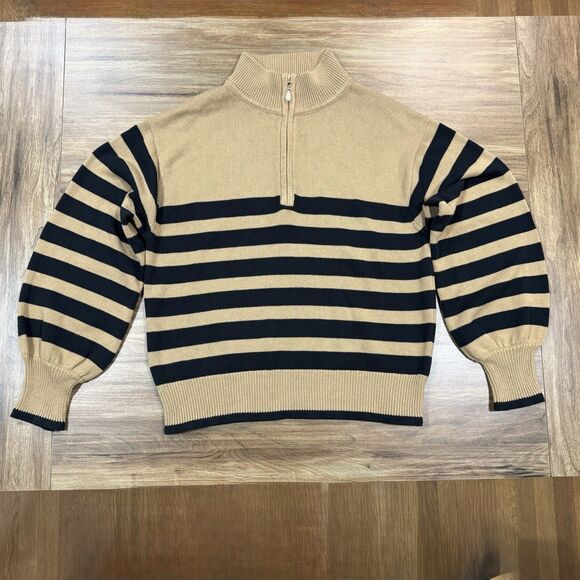 J. Crew Sweaters - J.Crew Tan Striped Horizontal Stripe Pearl Halfzip Preppy Pullover Sweater Sz M